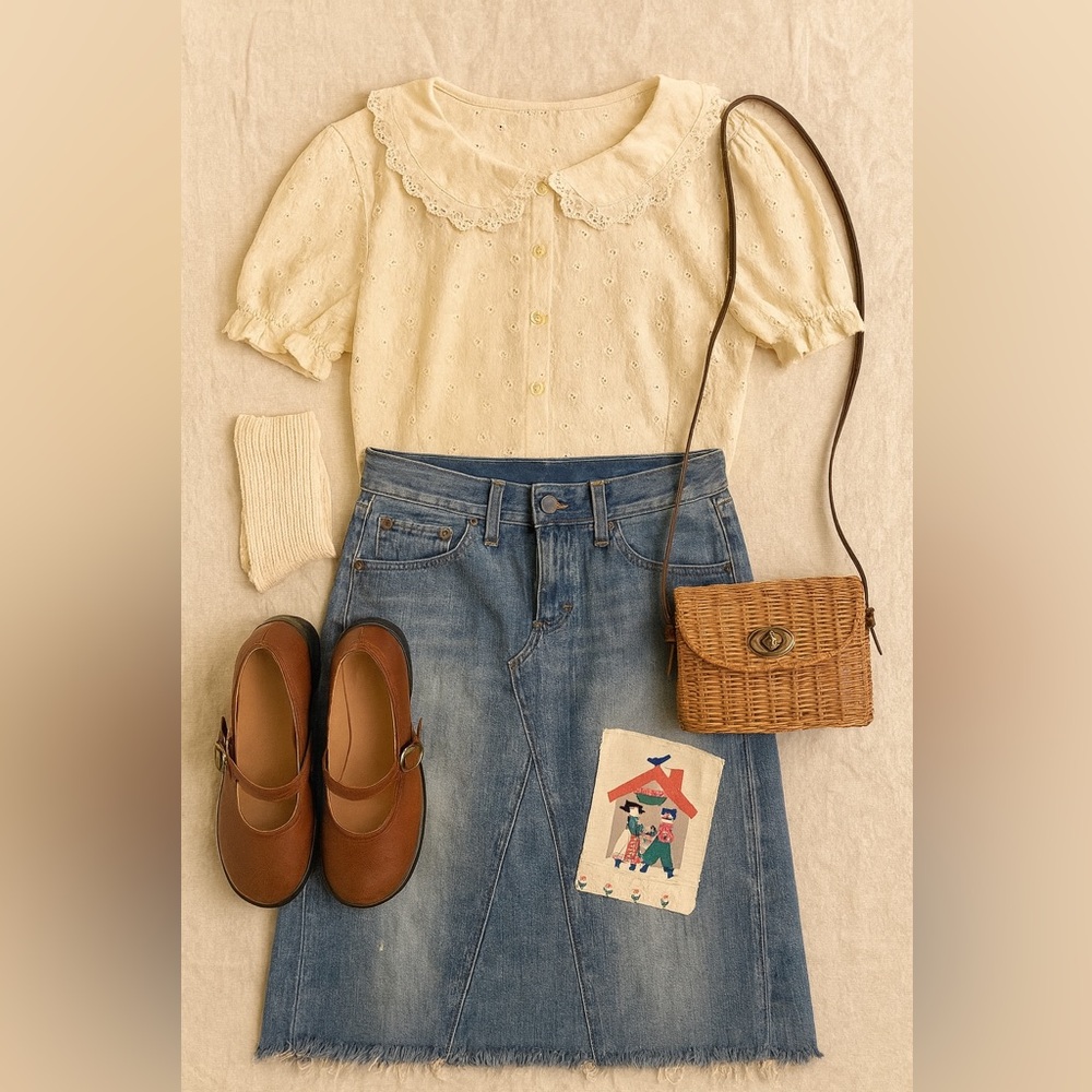 Upcycled GAP Denim Midi  Skirt with Embroidered Patch